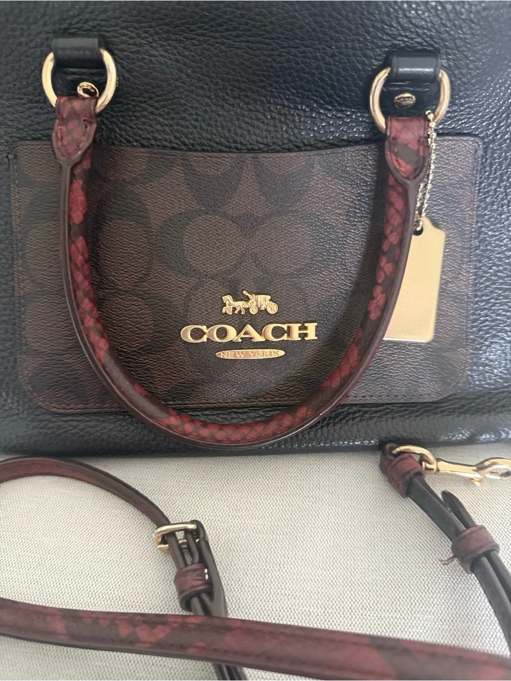 COACH Mini Emma Satchel Black Pebbled Leather Mixed with Signature Canvas